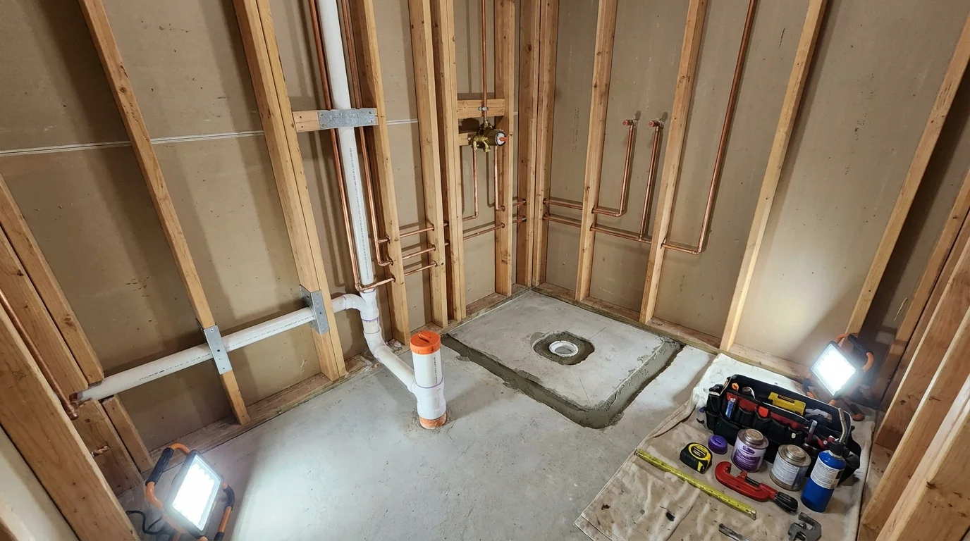 Bathroom rough-in plumbing during remodel by Johns Plumbing LLC in Farmerville