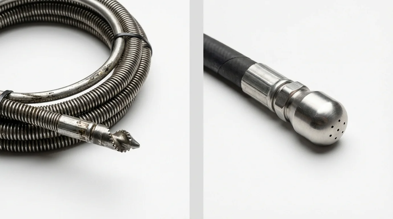 Drain snake cable and hydro jetting nozzle used for drain cleaning in Farmerville, LA