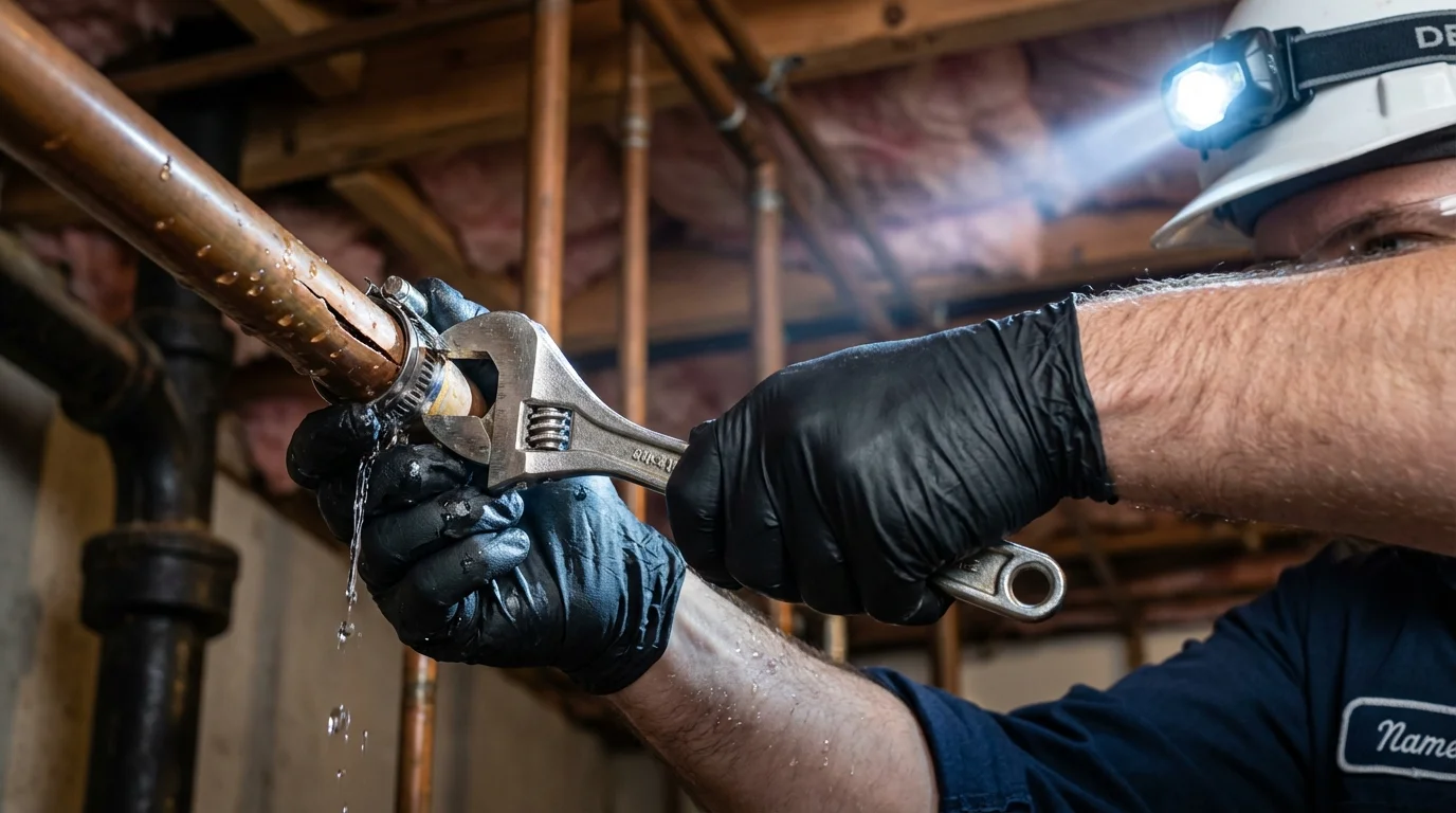 Emergency pipe clamp repair being performed by a Johns Plumbing LLC plumber in Farmerville