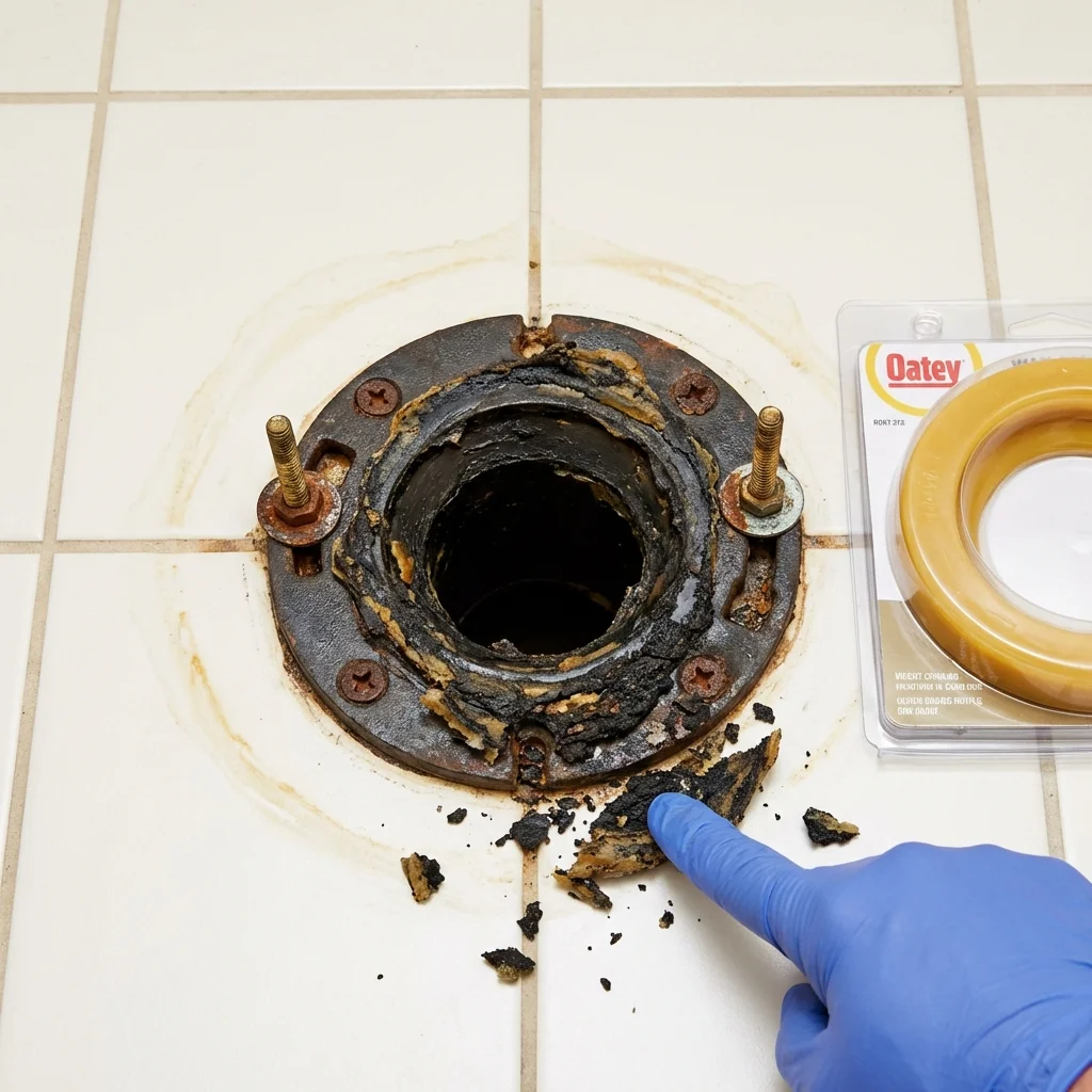 Failed wax ring showing water seepage at the base of a toilet in a Farmerville, LA home