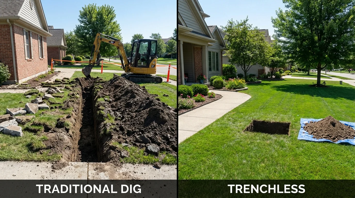 Trenchless sewer repair with minimal yard damage versus traditional excavation in Farmerville, LA
