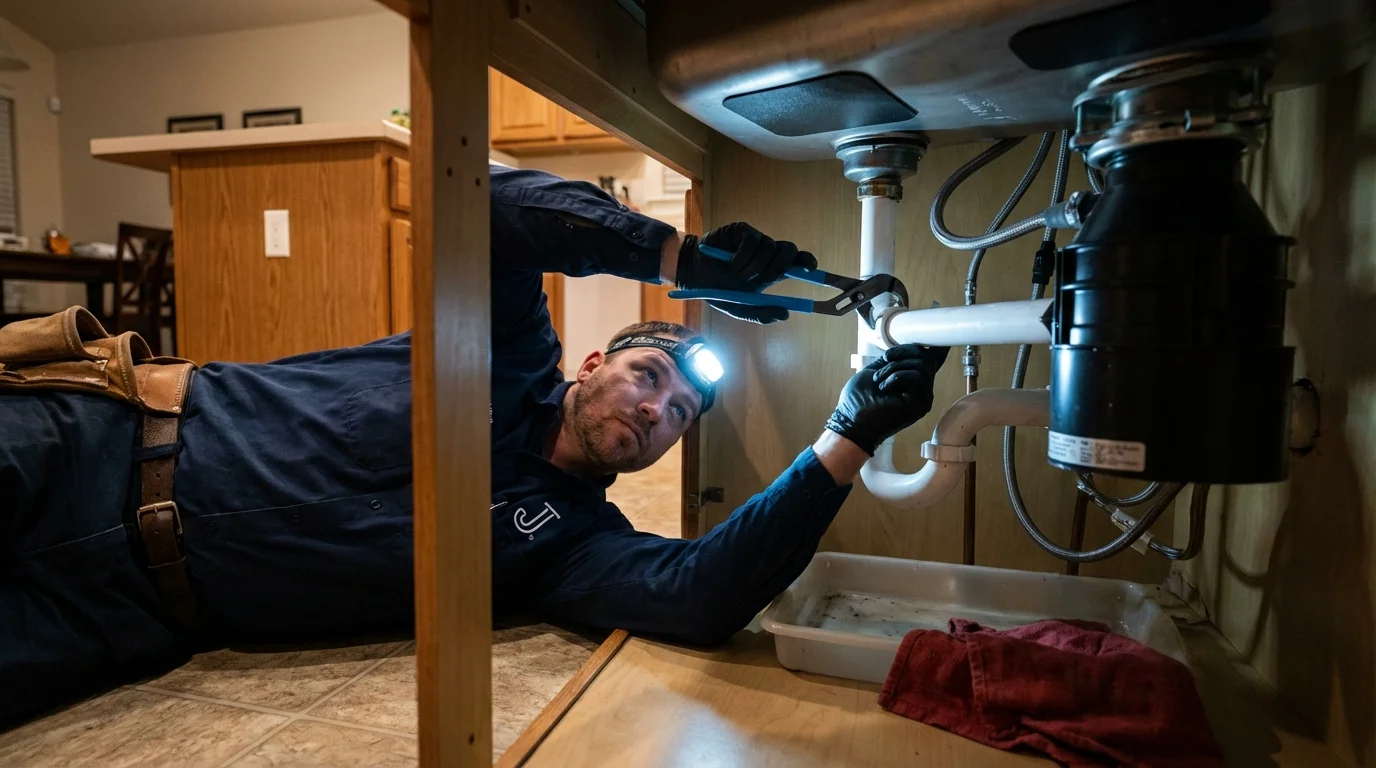 P-trap and supply line connections under a kitchen sink showing a common leak point in Farmerville, LA